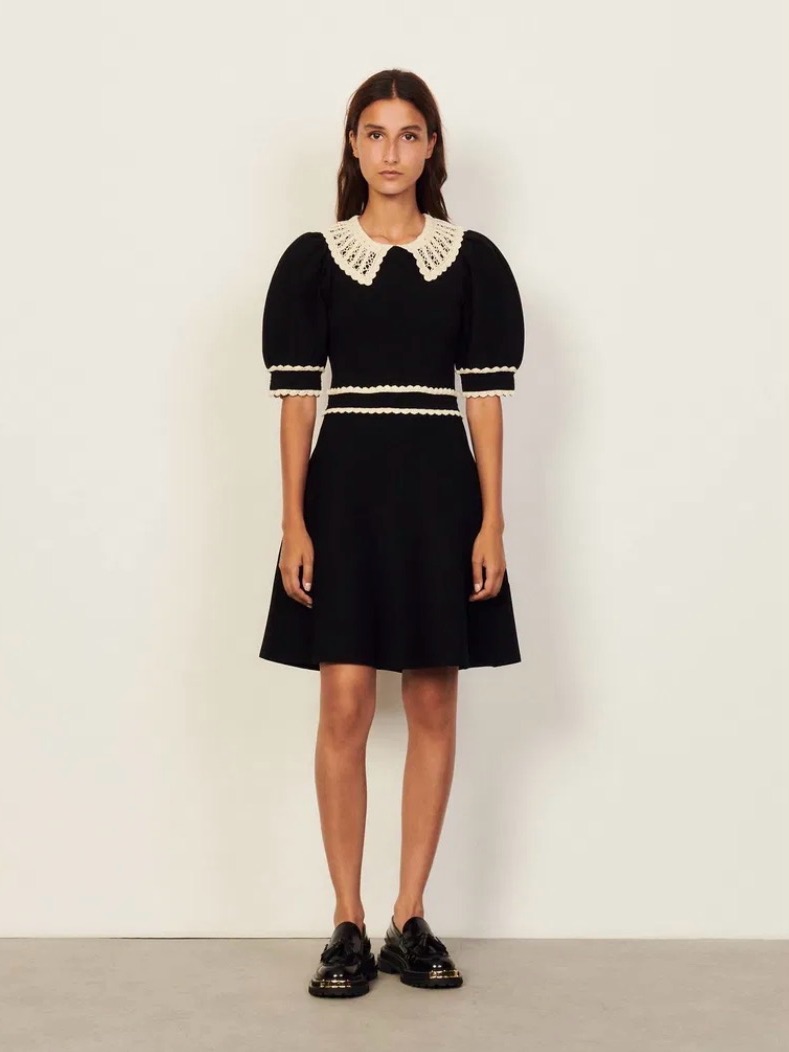 Sandro Paris Black Knit Mini Dress Contrasting Lace Peter Pan Collar